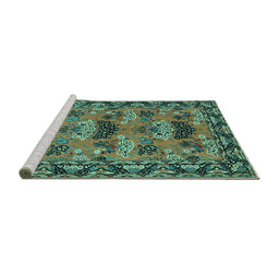 Sideview of Machine Washable Persian Turquoise Traditional Area Rugs, wshtr487turq