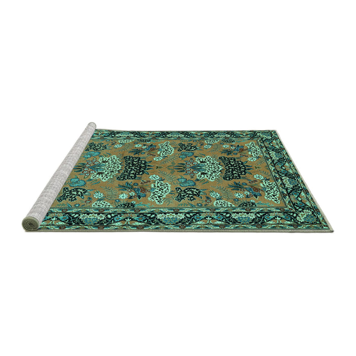 Sideview of Machine Washable Persian Turquoise Traditional Area Rugs, wshtr487turq