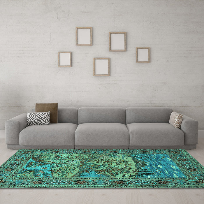 Machine Washable Animal Turquoise Traditional Area Rugs in a Living Room,, wshtr488turq