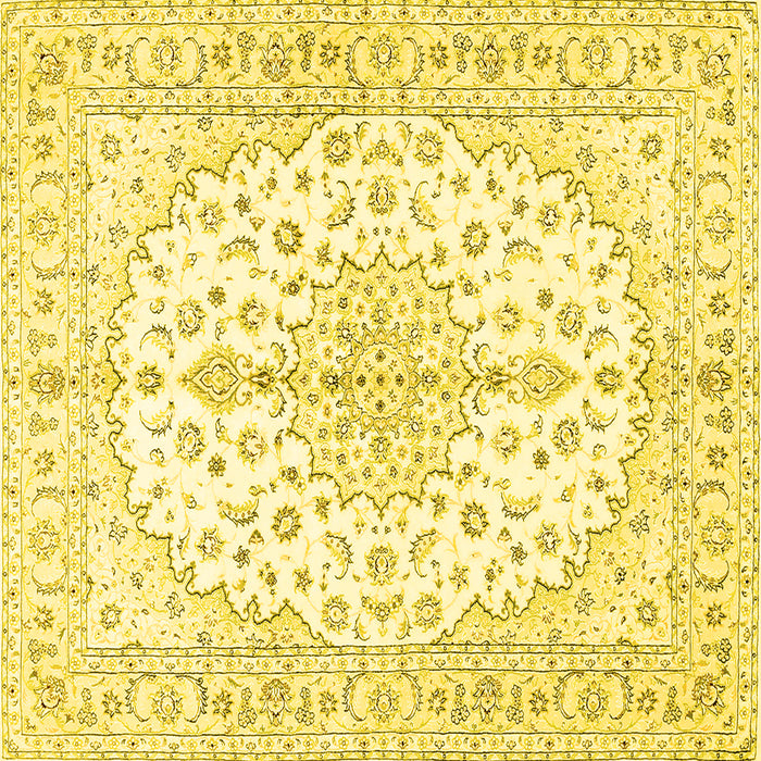 Square Machine Washable Medallion Yellow Traditional Rug, wshtr489yw