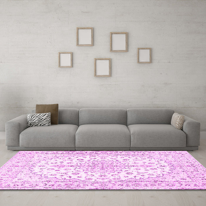 Machine Washable Medallion Pink Traditional Rug in a Living Room, wshtr489pnk