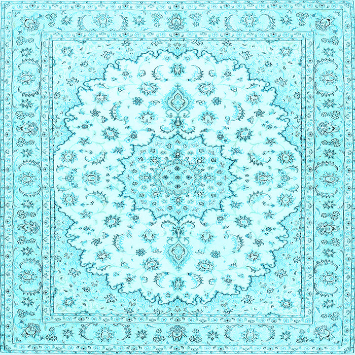 Square Machine Washable Medallion Light Blue Traditional Rug, wshtr489lblu