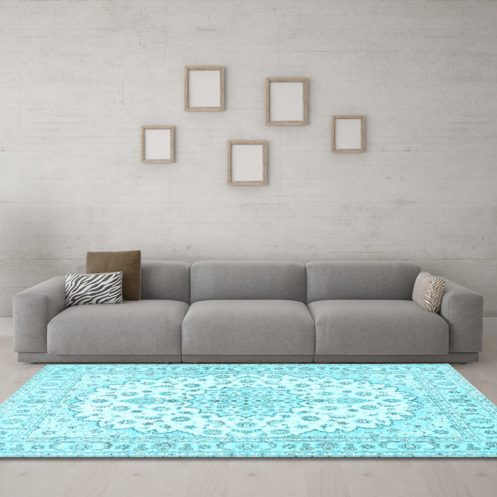 Machine Washable Medallion Light Blue Traditional Rug in a Living Room, wshtr489lblu
