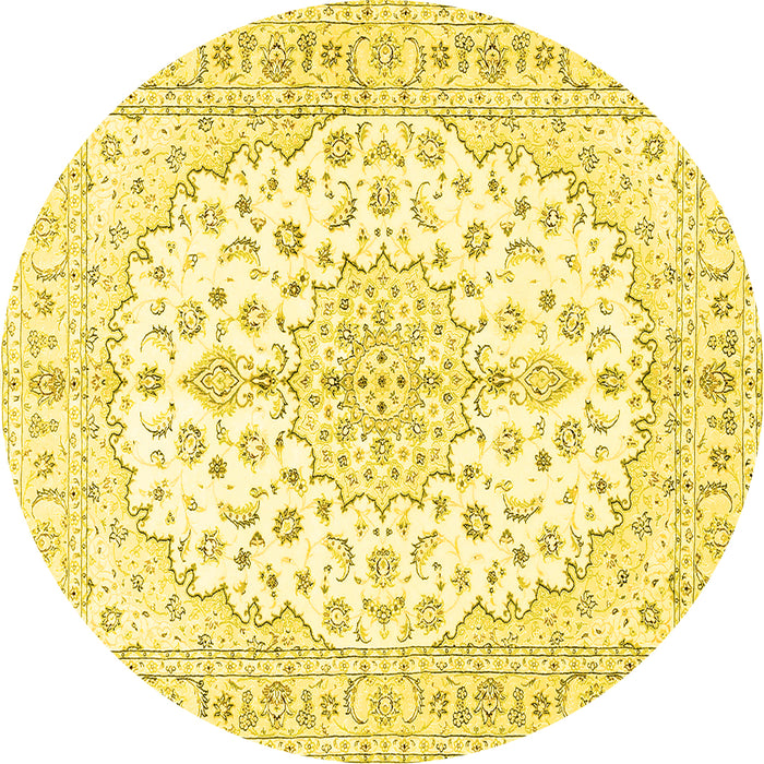 Round Machine Washable Medallion Yellow Traditional Rug, wshtr489yw