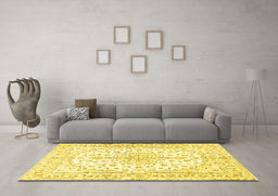 Machine Washable Medallion Yellow Traditional Rug in a Living Room, wshtr489yw