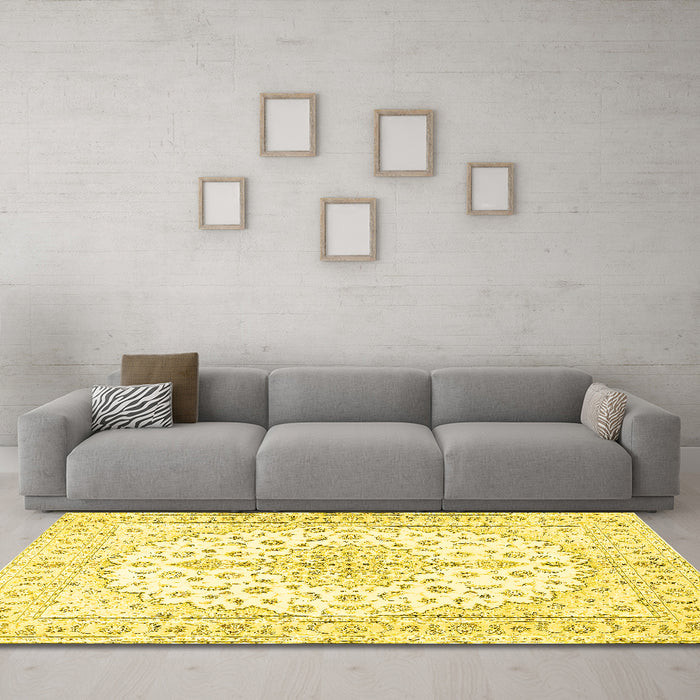 Machine Washable Medallion Yellow Traditional Rug in a Living Room, wshtr489yw