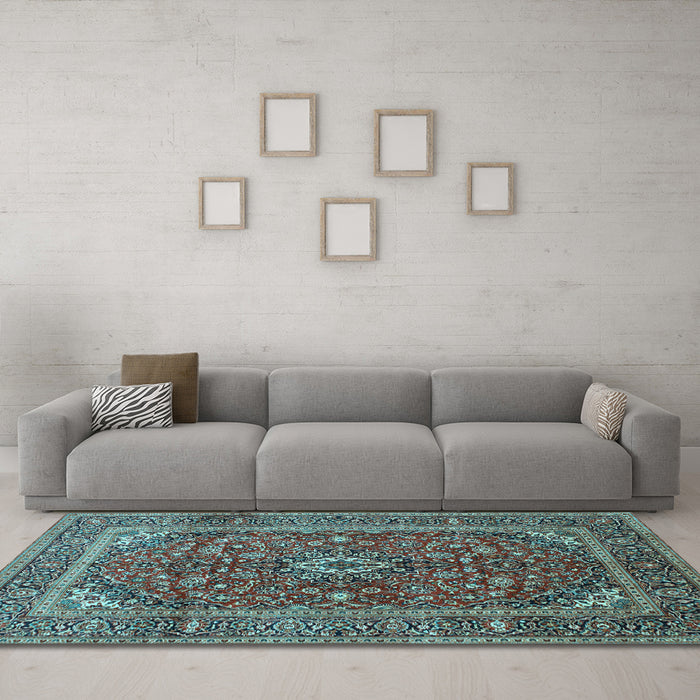 Machine Washable Medallion Light Blue Traditional Rug in a Living Room, wshtr48lblu