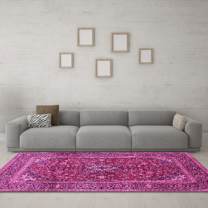 Machine Washable Medallion Pink Traditional Rug in a Living Room, wshtr48pnk
