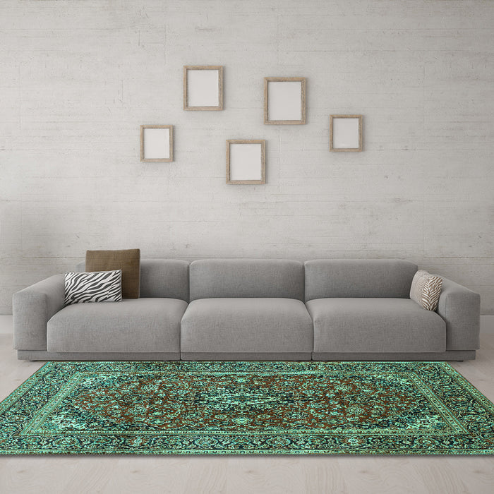 Machine Washable Medallion Turquoise Traditional Area Rugs in a Living Room,, wshtr48turq