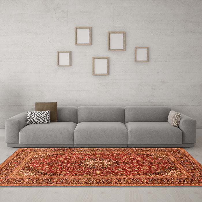Machine Washable Medallion Orange Traditional Area Rugs in a Living Room, wshtr48org
