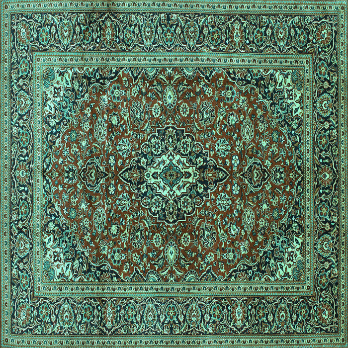Square Machine Washable Medallion Turquoise Traditional Area Rugs, wshtr48turq