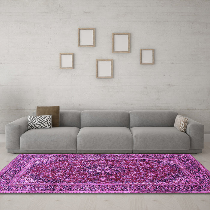 Machine Washable Medallion Purple Traditional Area Rugs in a Living Room, wshtr48pur