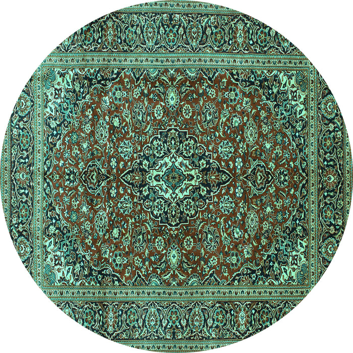 Round Machine Washable Medallion Turquoise Traditional Area Rugs, wshtr48turq