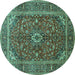 Round Machine Washable Medallion Turquoise Traditional Area Rugs, wshtr48turq