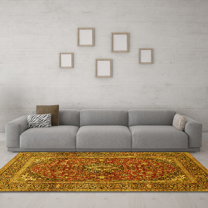 Machine Washable Medallion Yellow Traditional Rug in a Living Room, wshtr48yw