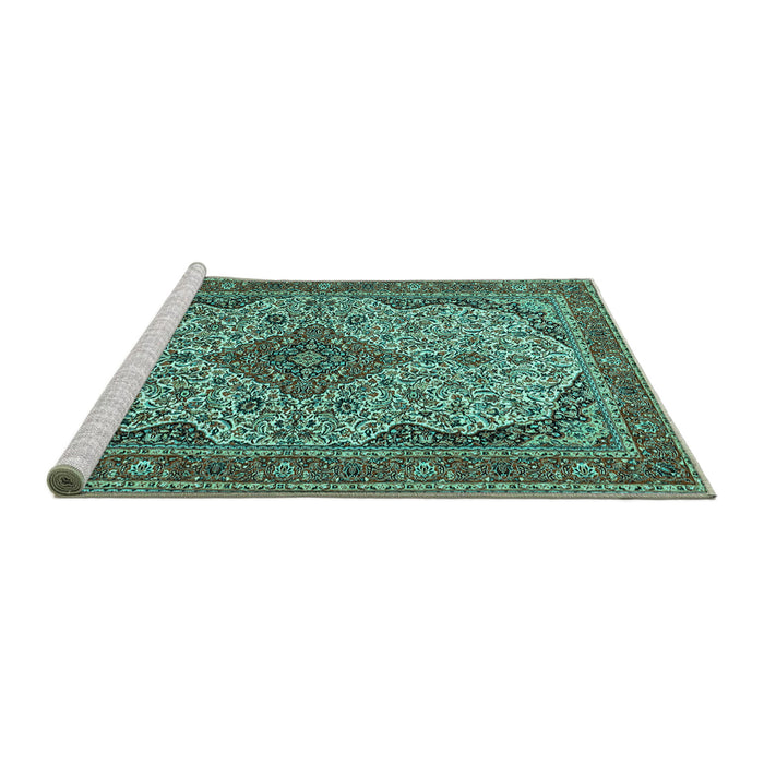 Sideview of Machine Washable Medallion Turquoise Traditional Area Rugs, wshtr490turq