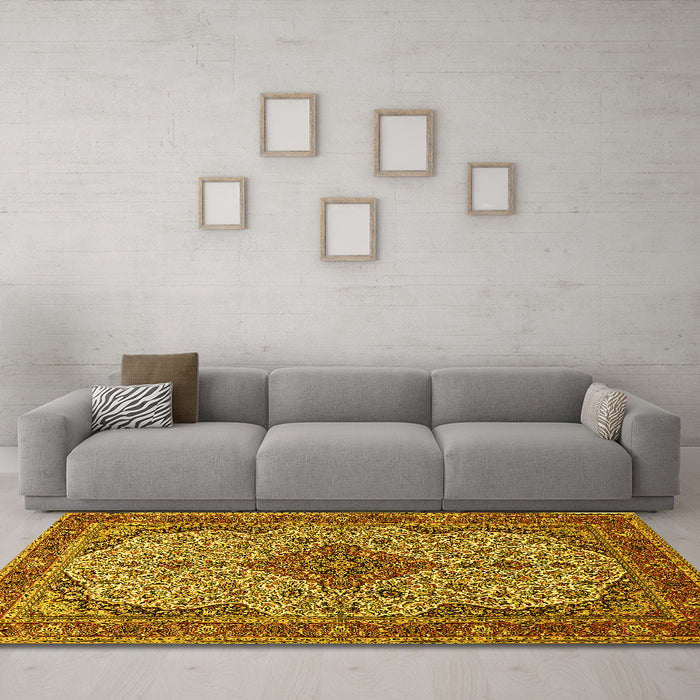 Machine Washable Medallion Yellow Traditional Rug in a Living Room, wshtr490yw