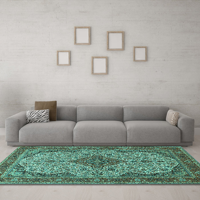 Machine Washable Medallion Turquoise Traditional Area Rugs in a Living Room,, wshtr490turq