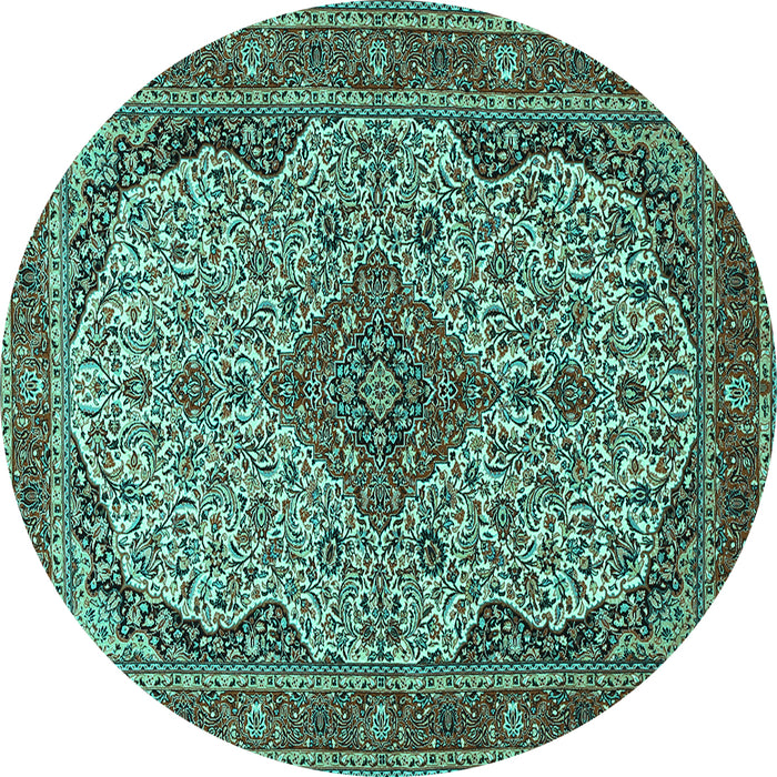 Round Machine Washable Medallion Turquoise Traditional Area Rugs, wshtr490turq