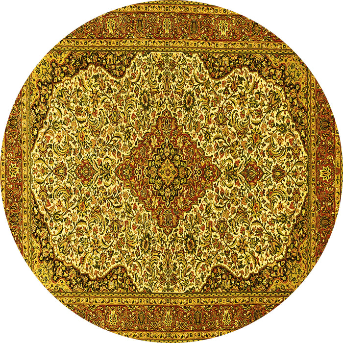 Round Machine Washable Medallion Yellow Traditional Rug, wshtr490yw