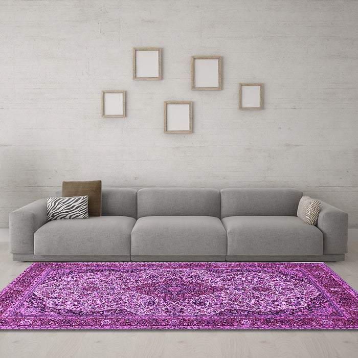 Machine Washable Medallion Purple Traditional Area Rugs in a Living Room, wshtr490pur