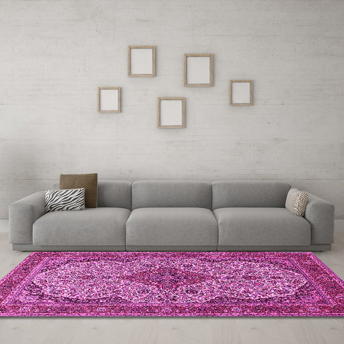 Machine Washable Medallion Pink Traditional Rug in a Living Room, wshtr490pnk