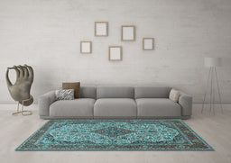 Machine Washable Medallion Light Blue Traditional Rug in a Living Room, wshtr490lblu