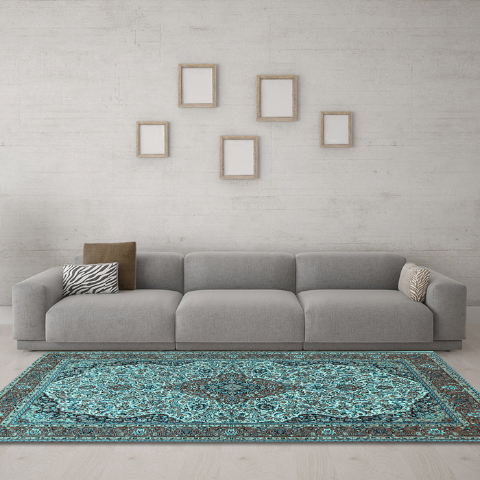 Machine Washable Medallion Light Blue Traditional Rug in a Living Room, wshtr490lblu