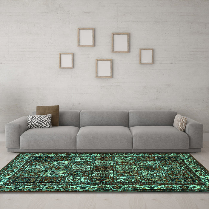 Machine Washable Animal Turquoise Traditional Area Rugs in a Living Room,, wshtr491turq