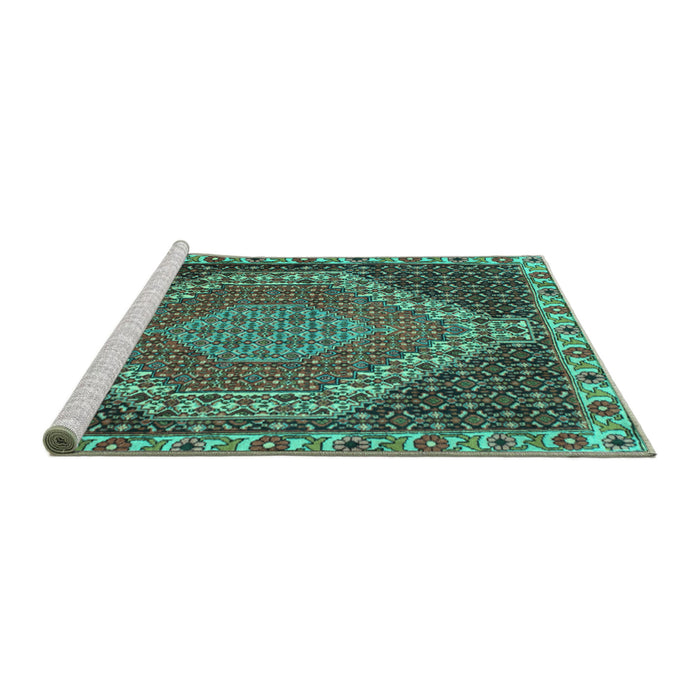Sideview of Machine Washable Medallion Turquoise Traditional Area Rugs, wshtr492turq