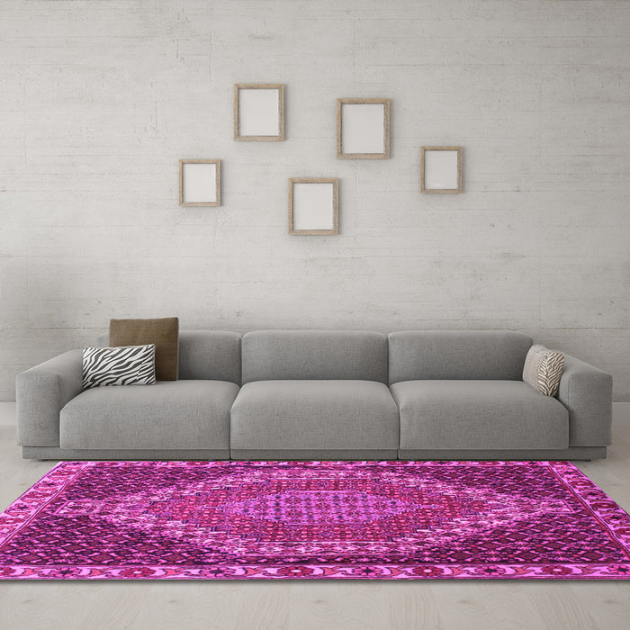 Machine Washable Medallion Pink Traditional Rug in a Living Room, wshtr492pnk