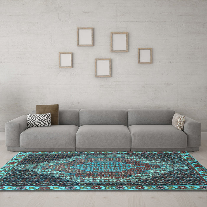 Machine Washable Medallion Light Blue Traditional Rug in a Living Room, wshtr492lblu