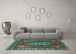Machine Washable Persian Turquoise Traditional Area Rugs in a Living Room,, wshtr493turq