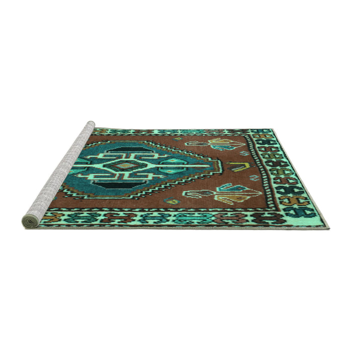 Sideview of Machine Washable Persian Turquoise Traditional Area Rugs, wshtr493turq