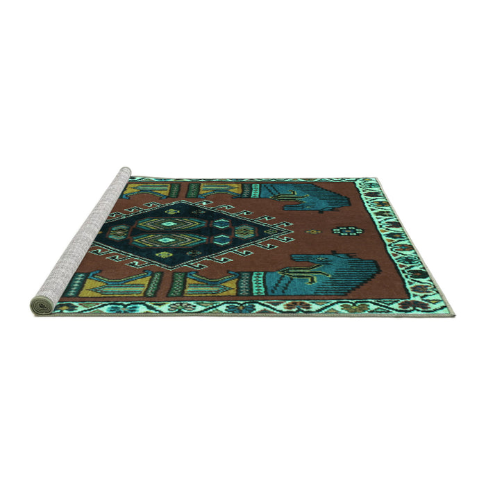 Sideview of Machine Washable Persian Turquoise Traditional Area Rugs, wshtr494turq