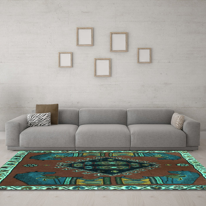 Machine Washable Persian Turquoise Traditional Area Rugs in a Living Room,, wshtr494turq