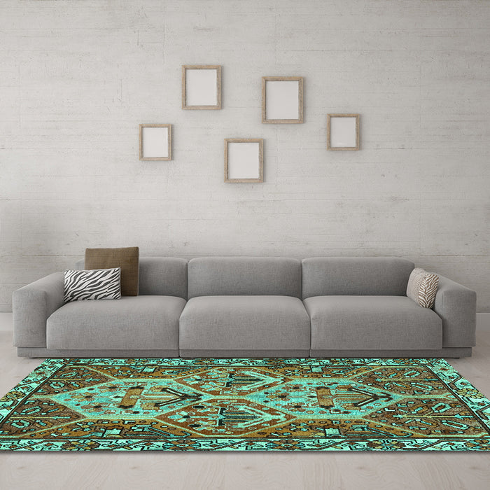Machine Washable Persian Turquoise Traditional Area Rugs in a Living Room,, wshtr495turq