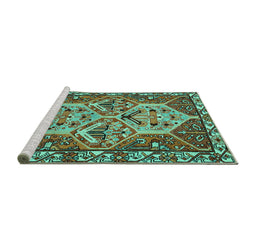 Sideview of Machine Washable Persian Turquoise Traditional Area Rugs, wshtr495turq