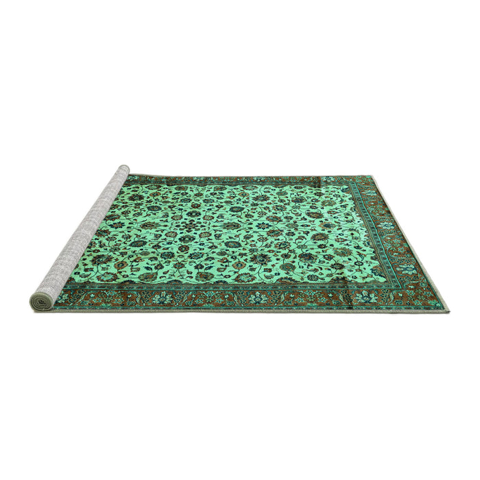 Sideview of Machine Washable Persian Turquoise Traditional Area Rugs, wshtr496turq