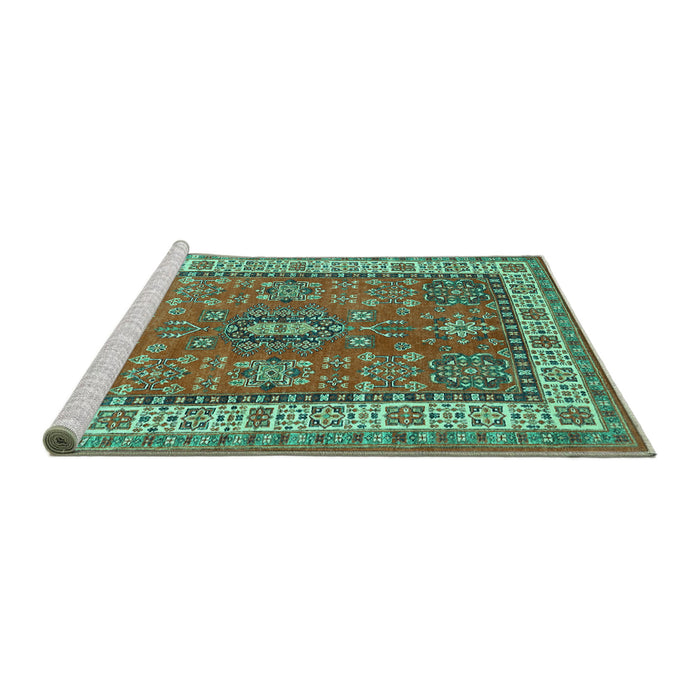 Sideview of Machine Washable Persian Turquoise Traditional Area Rugs, wshtr497turq