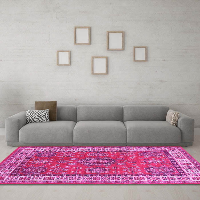 Machine Washable Persian Pink Traditional Rug in a Living Room, wshtr497pnk