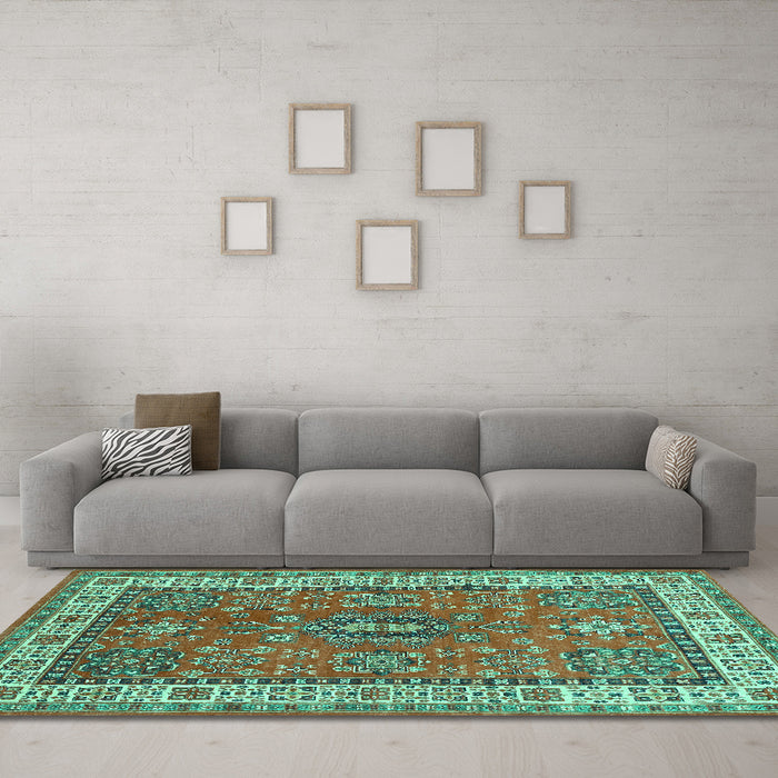 Machine Washable Persian Turquoise Traditional Area Rugs in a Living Room,, wshtr497turq
