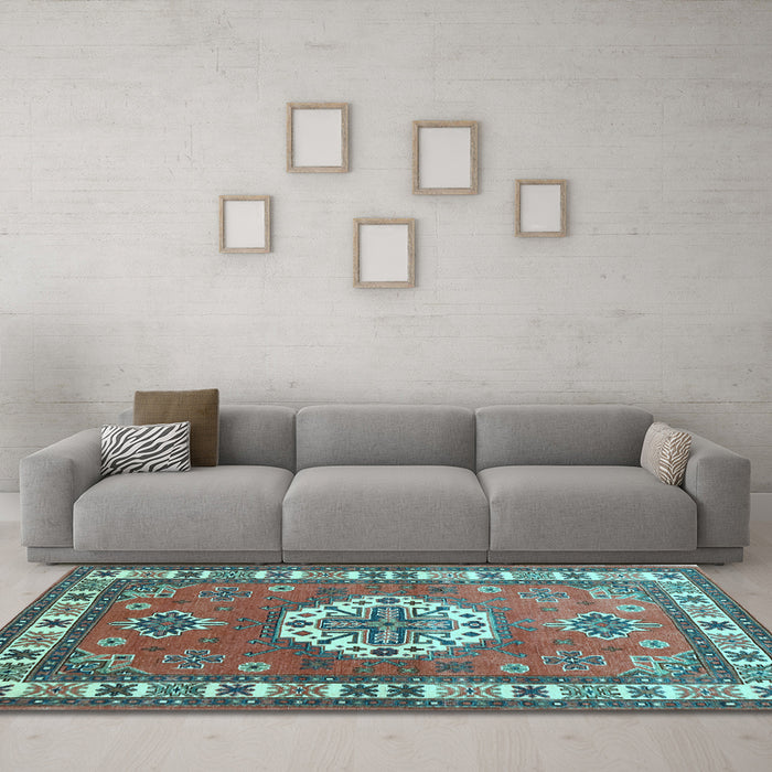 Machine Washable Medallion Light Blue Traditional Rug in a Living Room, wshtr498lblu