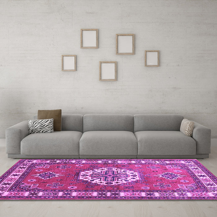 Machine Washable Medallion Purple Traditional Area Rugs in a Living Room, wshtr498pur