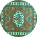 Round Machine Washable Medallion Turquoise Traditional Area Rugs, wshtr498turq