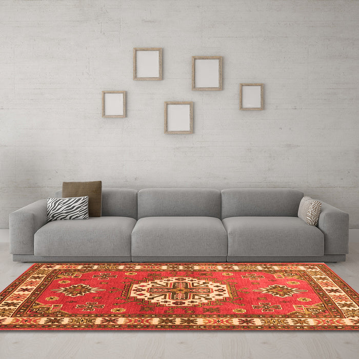 Machine Washable Medallion Orange Traditional Area Rugs in a Living Room, wshtr498org