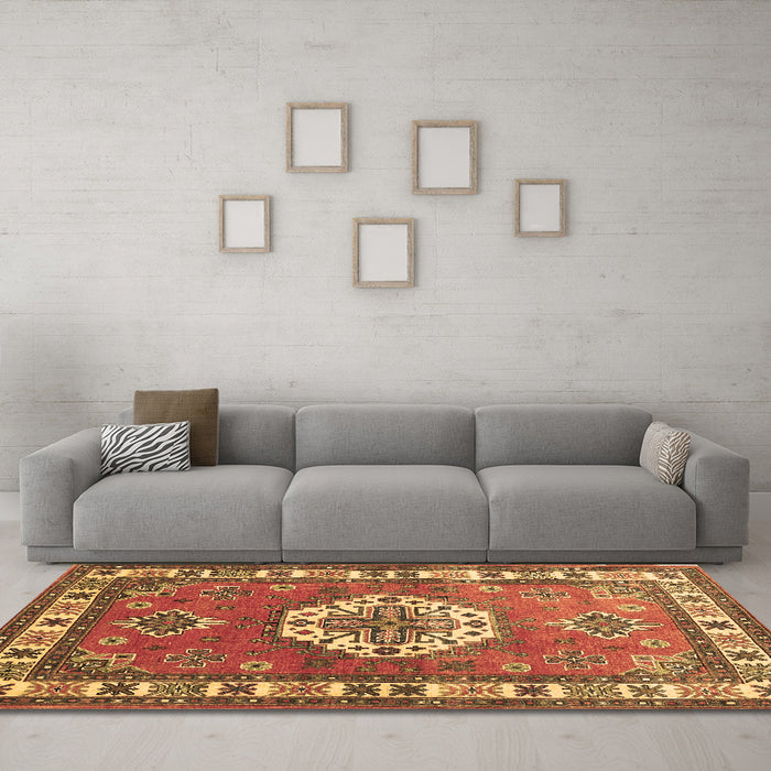 Machine Washable Medallion Brown Traditional Rug in a Living Room,, wshtr498brn