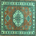 Square Machine Washable Medallion Turquoise Traditional Area Rugs, wshtr498turq