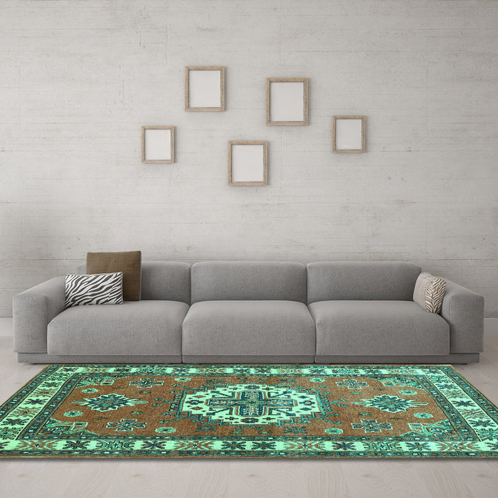 Machine Washable Medallion Turquoise Traditional Area Rugs in a Living Room,, wshtr498turq