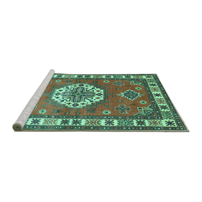 Sideview of Machine Washable Medallion Turquoise Traditional Area Rugs, wshtr498turq